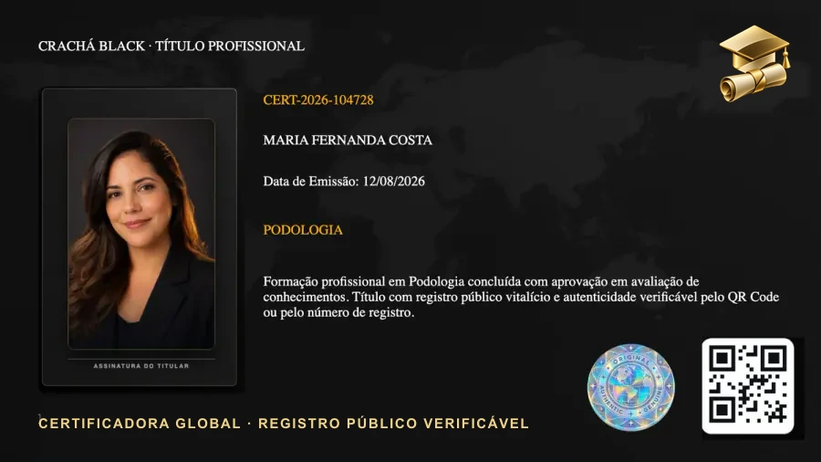 Crachá Black real de Podologia com foto, título, registro público e QR Code