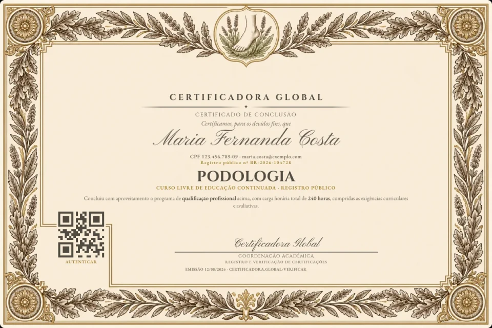 Certificado de Conclusão, modelo demonstrativo com dados fictícios