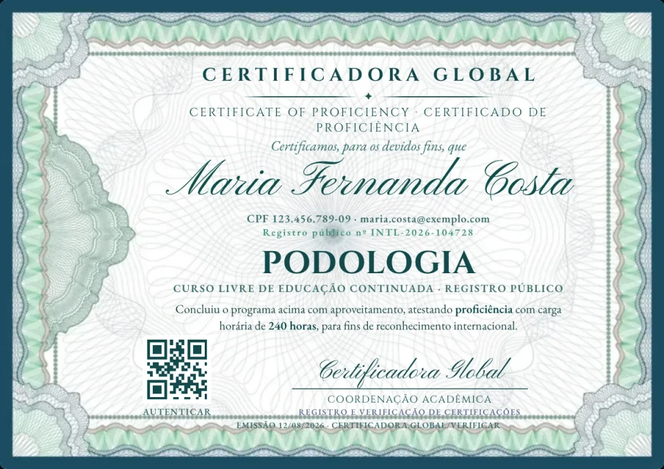 Proficiência Internacional, modelo demonstrativo com dados fictícios